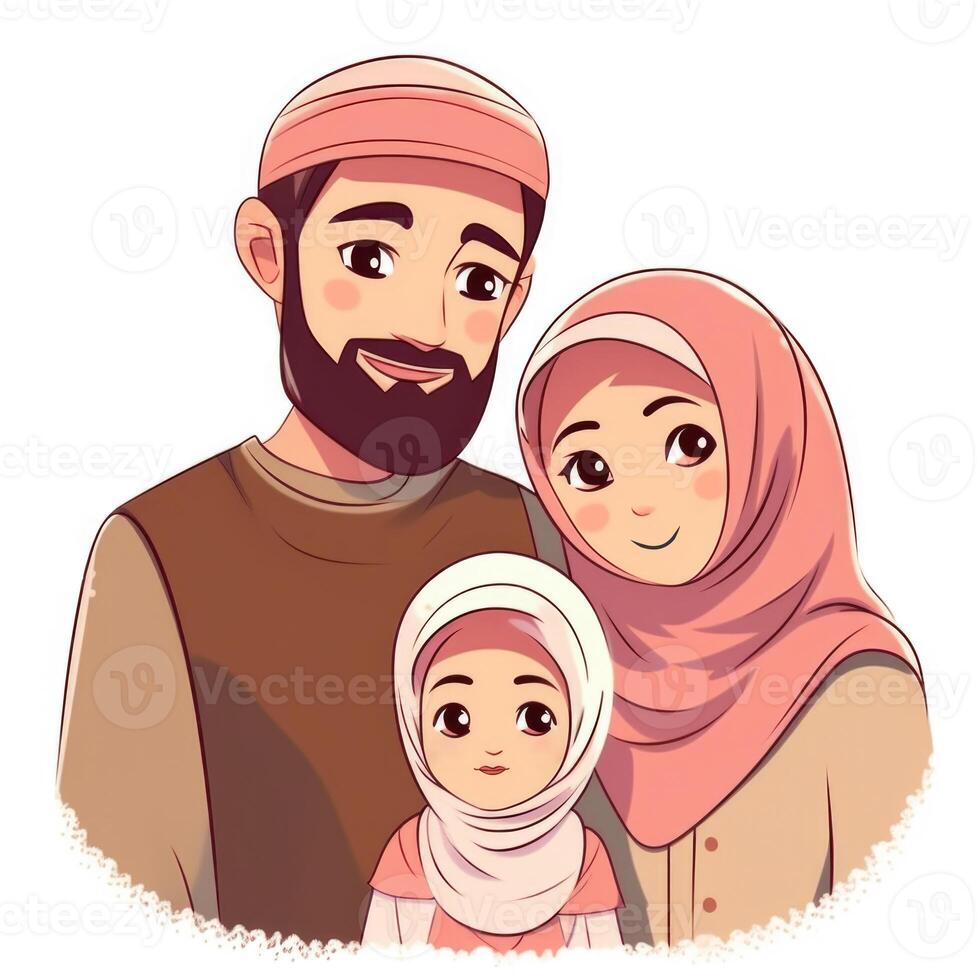 aanbiddelijk tekenfilm avatar van smiley moslim familie samen, eid mubarak concept. generatief ai foto