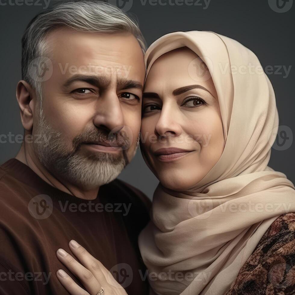 realistisch portret van aantrekkelijk moslim midden leeftijd blond stel, feitelijk afbeelding, generatief ai. foto