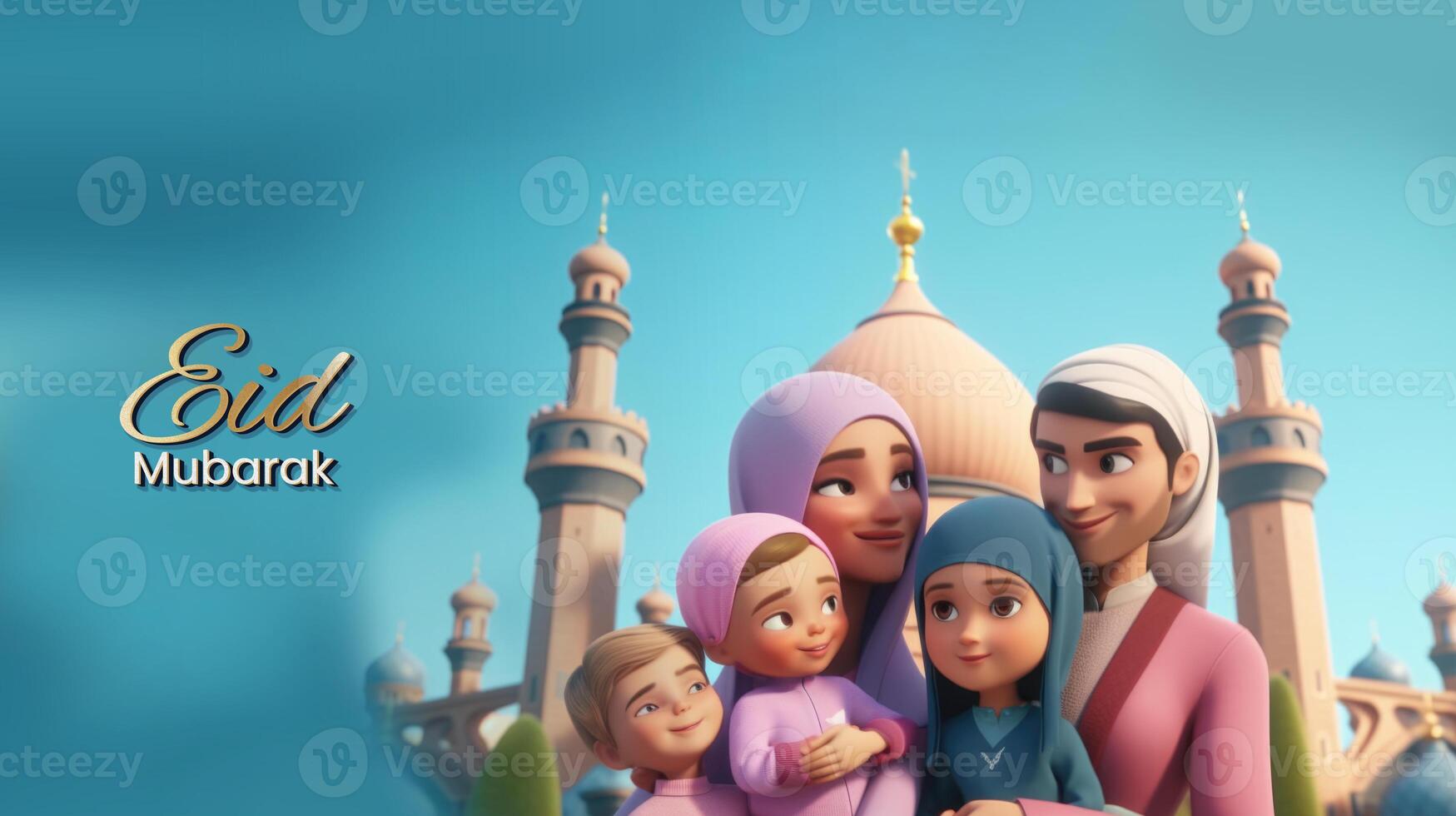 eid mubarak banier ontwerp met aanbiddelijk moslim familie karakter samen, moskee Aan blauw achtergrond. generatief ai. foto