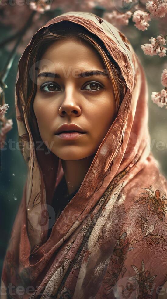 een prachtig Indisch vrouw vervelend hijab hoofddoekjes Aan bloemen achtergrond, generatief ai. foto