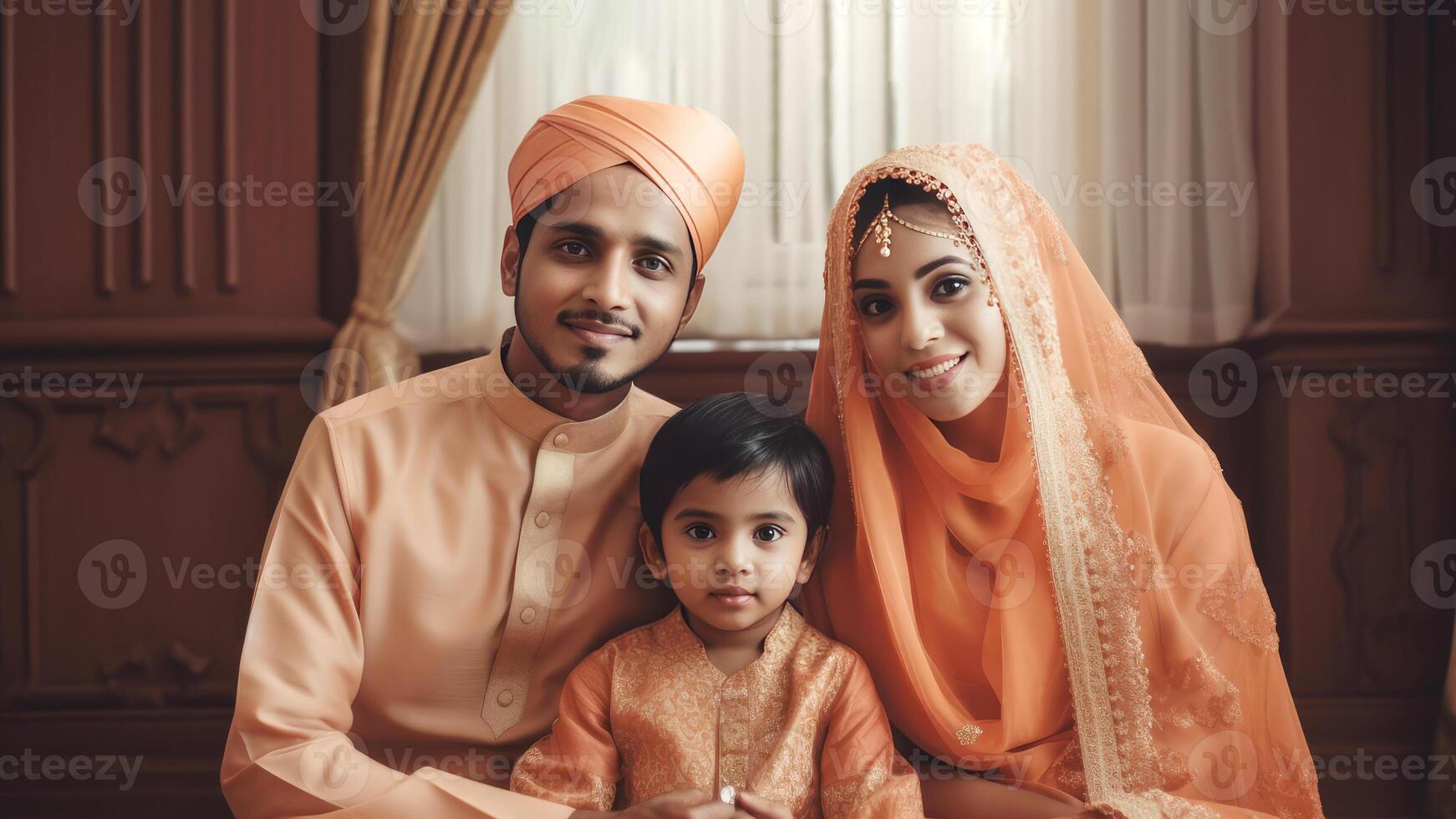 gelukkig moslim familie karakter vervelend traditioneel kleding, eid viering concept, generatief ai. foto