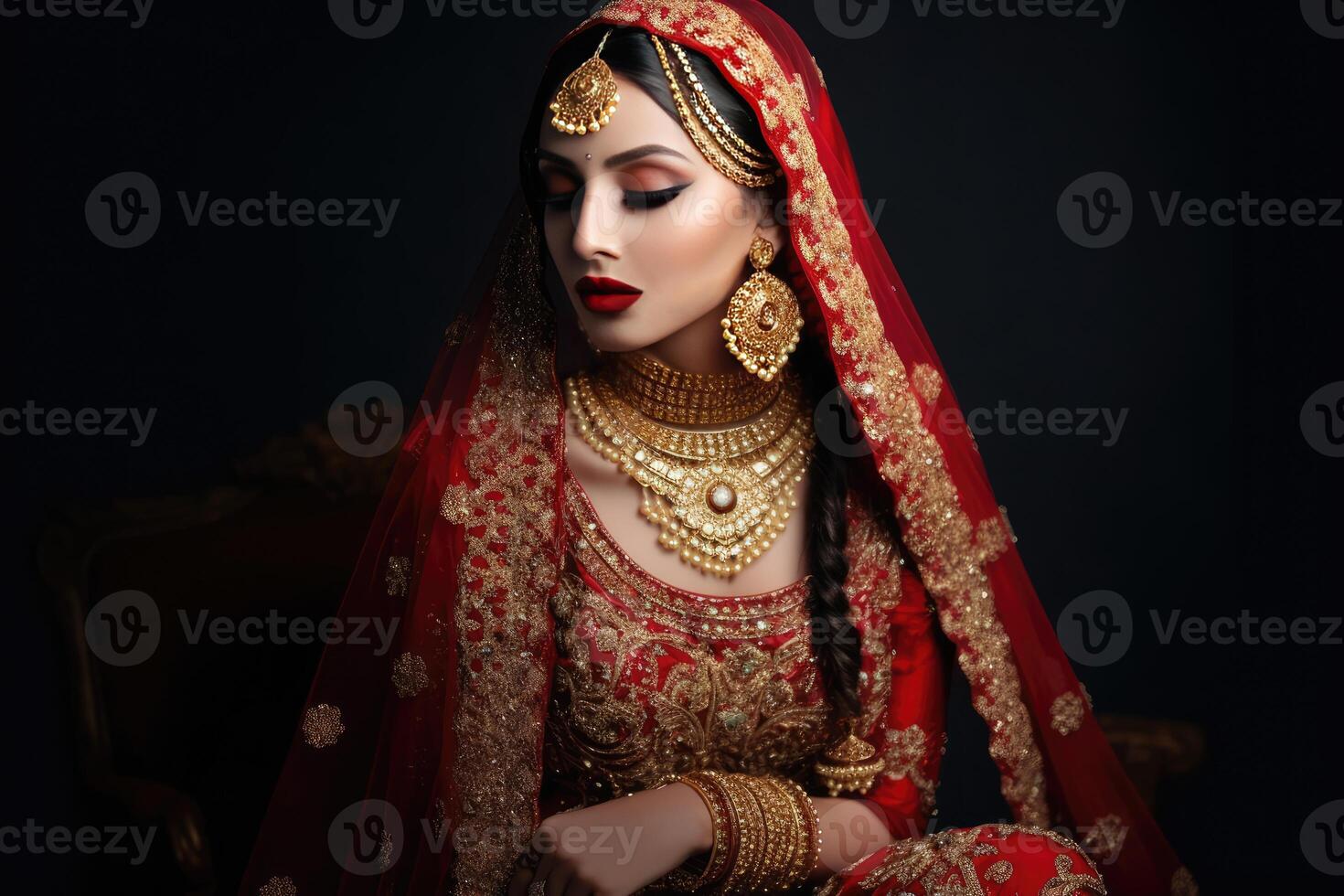 portret van mooi Indisch bruid vervelend traditioneel rood Lehenga met zwaar goud sieraden gedurende de huwelijk ceremonie, generatief ai. foto