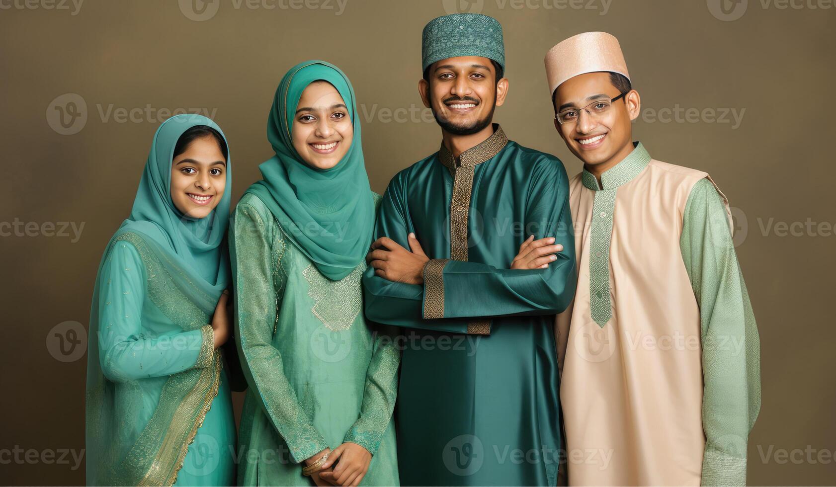 realistisch portret van moslim familie vervelend traditioneel kleding gedurende eid viering, generatief ai. foto