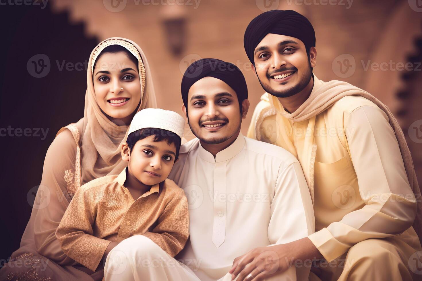 realistisch portret van moslim familie vervelend traditioneel kleding gedurende eid viering, generatief ai. foto