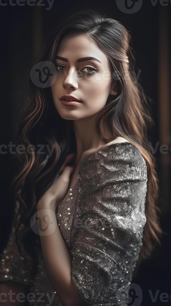 realistisch portret van aantrekkelijk jong meisje vervelend glinsterende grijs jurk, generatief ai. foto