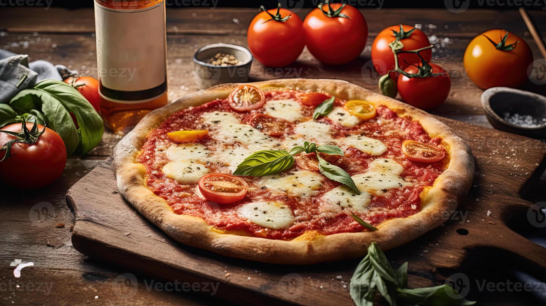 dichtbij omhoog onbedwingbare trek margherita met basilicum, tomaten en fles Aan rustiek houten tafel. generatief ai. foto