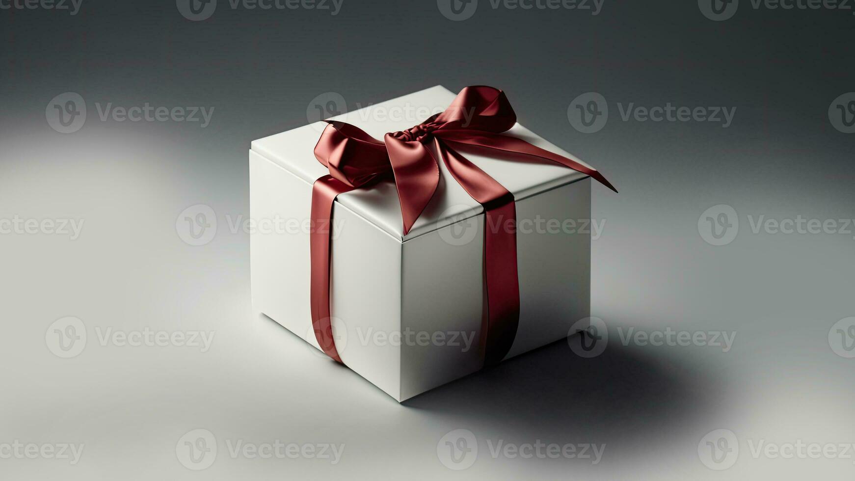 3d geven van grijs geschenk doos met rood zijde boog lint en kopiëren ruimte. foto