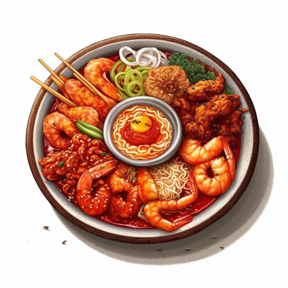 agujjim Koreaans voedsel van zeevruchten en Boon spruit en Chili. ai gegenereerd foto
