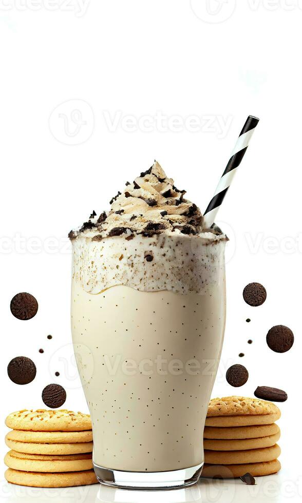 heerlijk koekjes romig milkshake in een glas met chocola koekje en geslagen room, koekjes Aan wit achtergrond. voedsel en dranken concept. ai-generatief, digitaal illustratie. foto