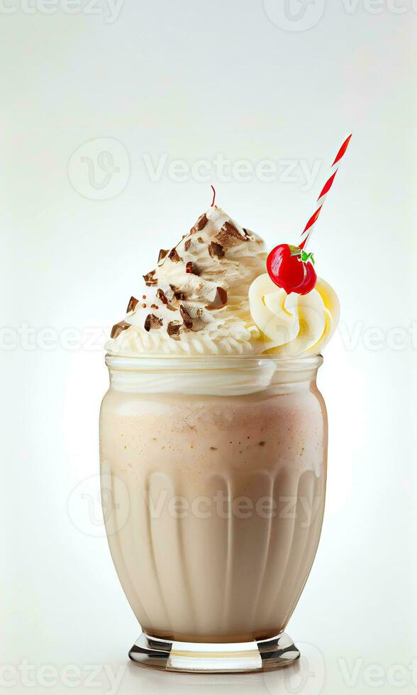 heerlijk vanille milkshake in een glas met vanille ijs room, en kers Aan wit achtergrond. voedsel en dranken concept. ai-generatief, digitaal illustratie foto