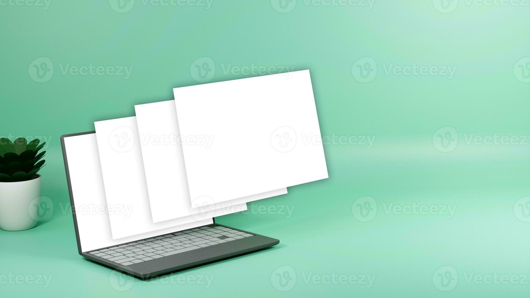 realistisch laptop met blanco schermen mockup en fabriek pot Aan licht zee groen achtergrond. 3d weergave. foto