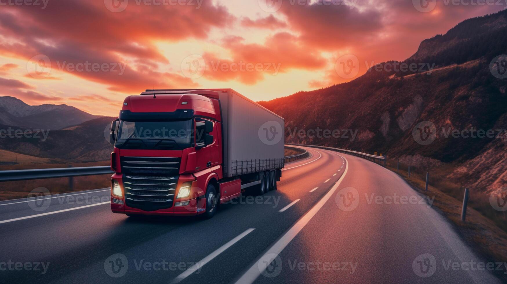 modern Europese vrachtauto rijden Aan een snelweg Bij zonsondergang. modern vervoer technologie. rood vrachtwagen in een stormloop. toekomst logistiek. ai gegenereerd. foto
