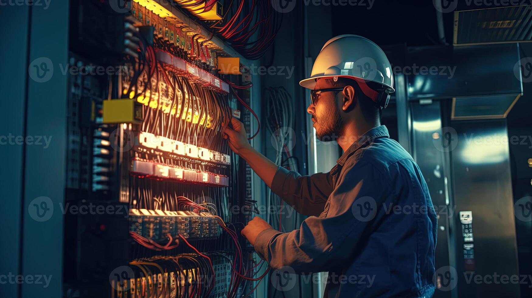 elektricien ingenieur controle elektrisch stroom Spanning Bij stroomkring breker en kabel bedrading systeem, concept van elektrisch onderhoud onderhoud. generatief ai. foto