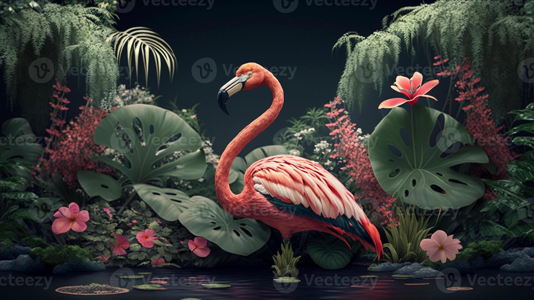 flamingo prachtig gevangen genomen in een kleurrijk, bloemen gevuld portret, generatief ai. foto