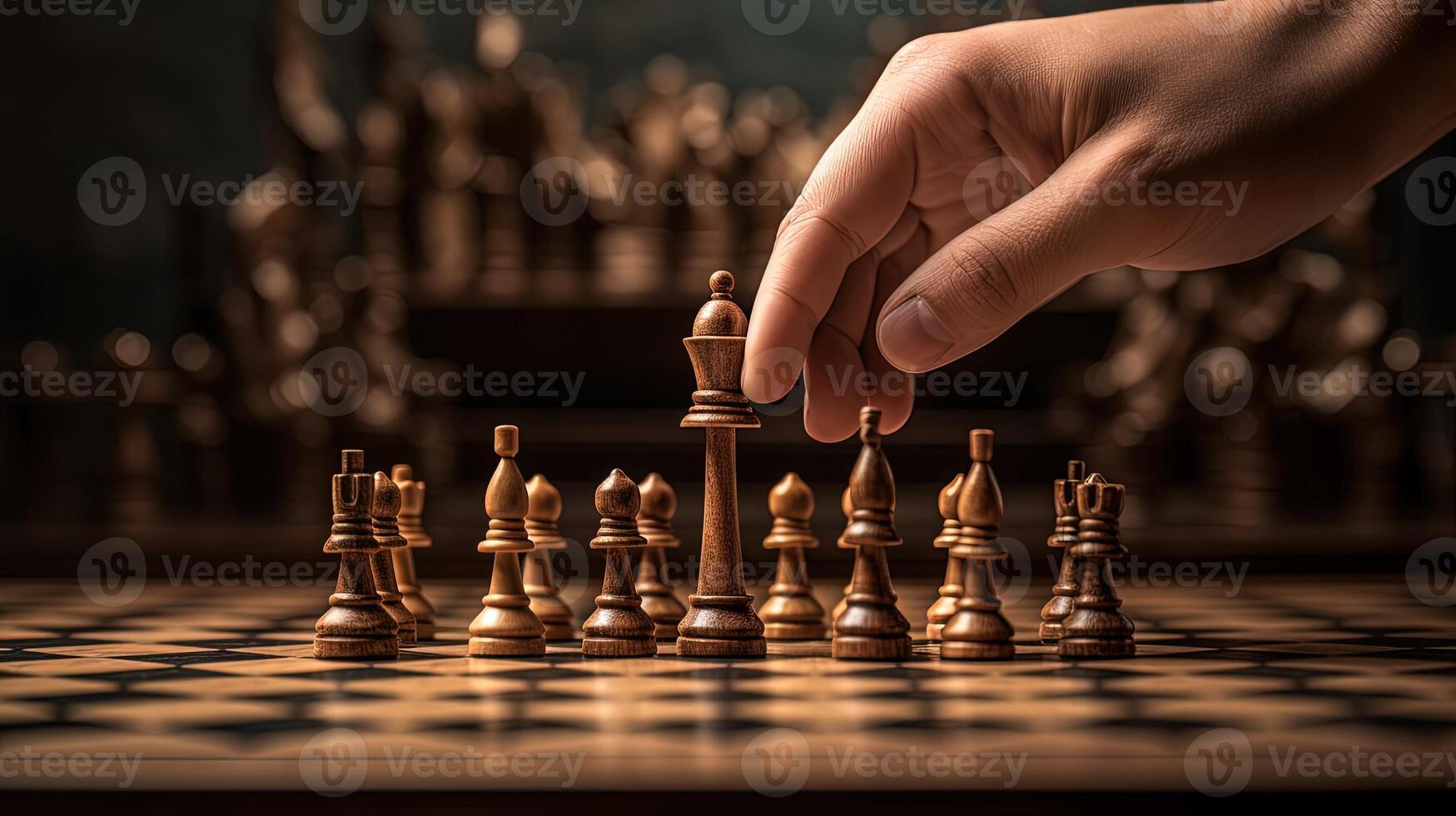 detailopname hand- van menselijk nemen De volgende stap Aan schaak spel. strategie, beheer of leiderschap concept. generatief ai technologie. foto