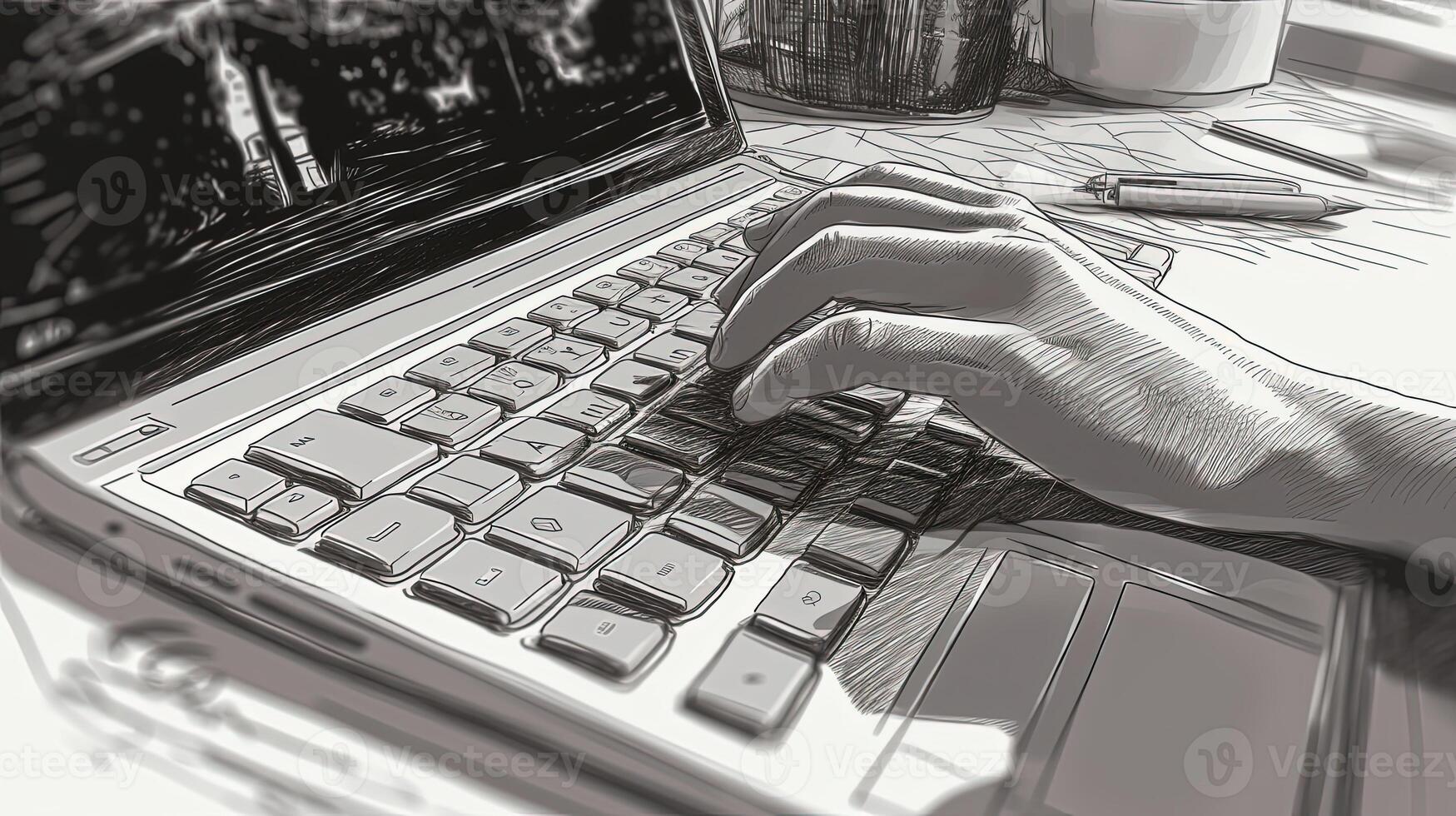 handen typen Aan toetsenbord van laptop of notitieboekje computer in tekening kattebelletje stijl, generatief ai technologie. foto