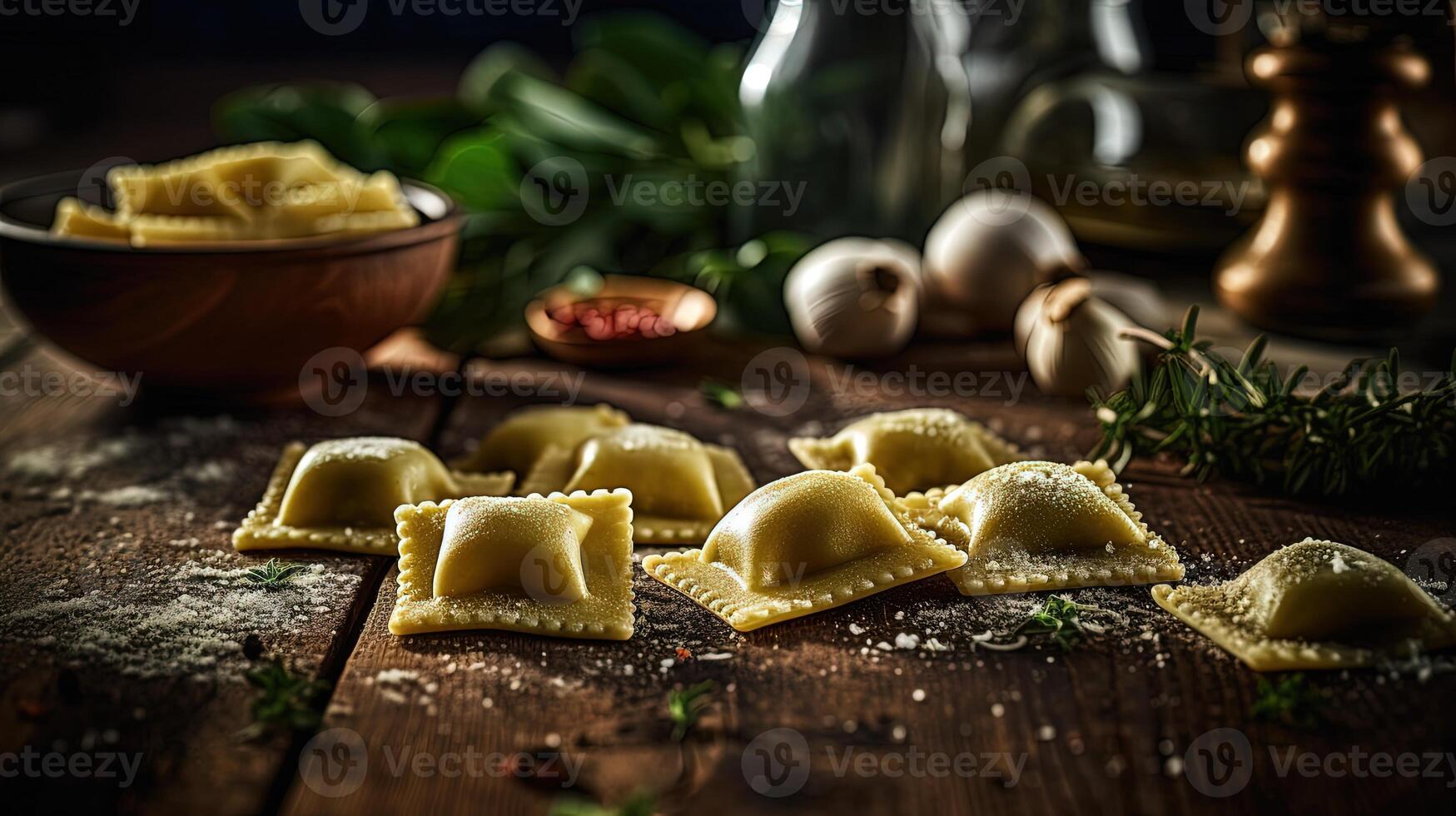 dichtbij omhoog visie van Italiaans schotel ravioli Koken tafel. generatief ai. foto