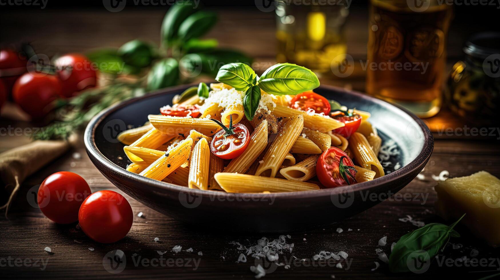 detailopname foto van Italiaans penne pasta toppings met kaas, tomaten, basilicum en drinken fles Aan donker houten tafel. generatief ai.