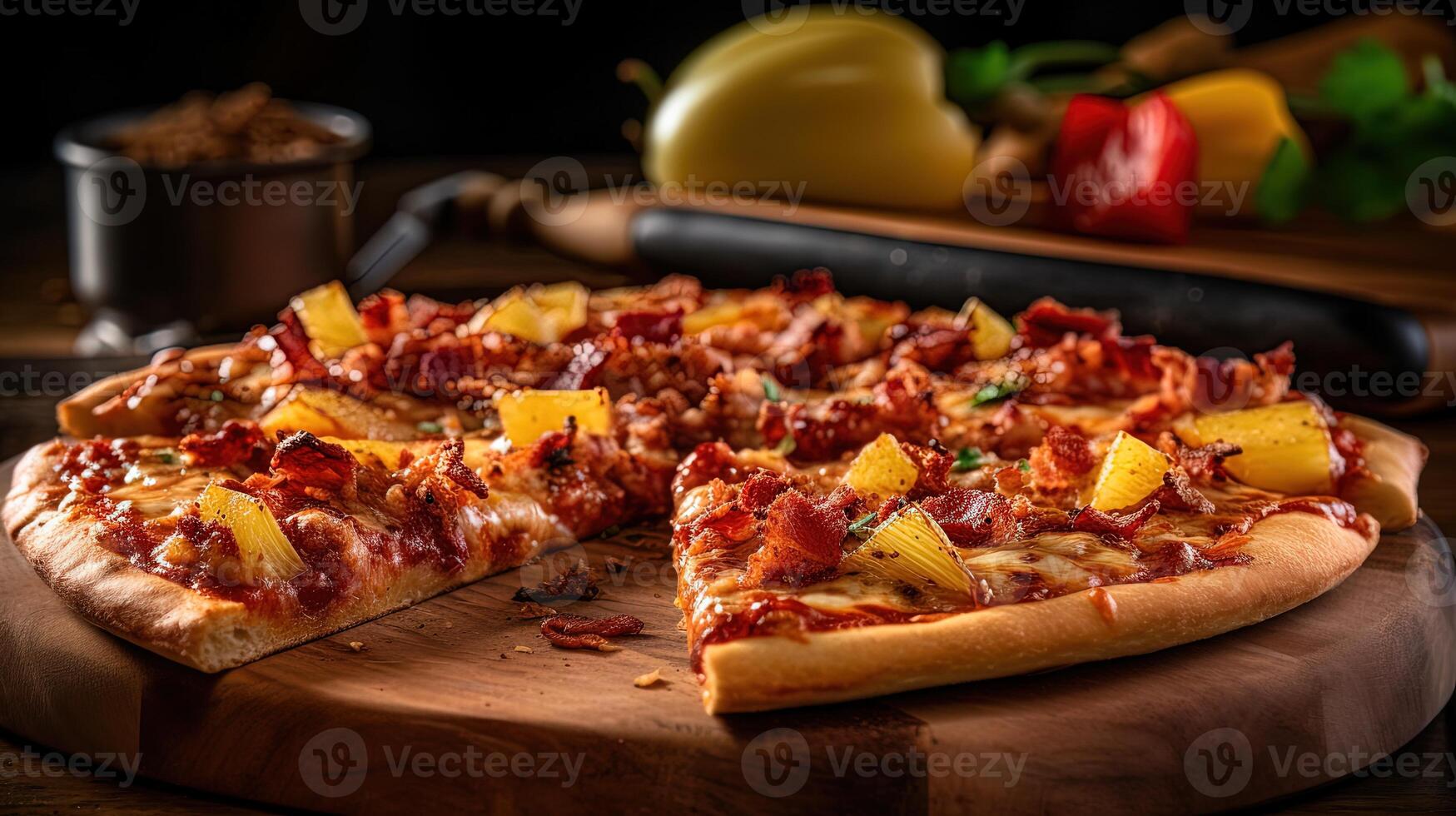 vers gebakken heerlijk pizza gemaakt van ananas en spek Aan houten snijdend bord voor snel voedsel klaar naar eten concept. voedsel fotografie, generatief ai. foto