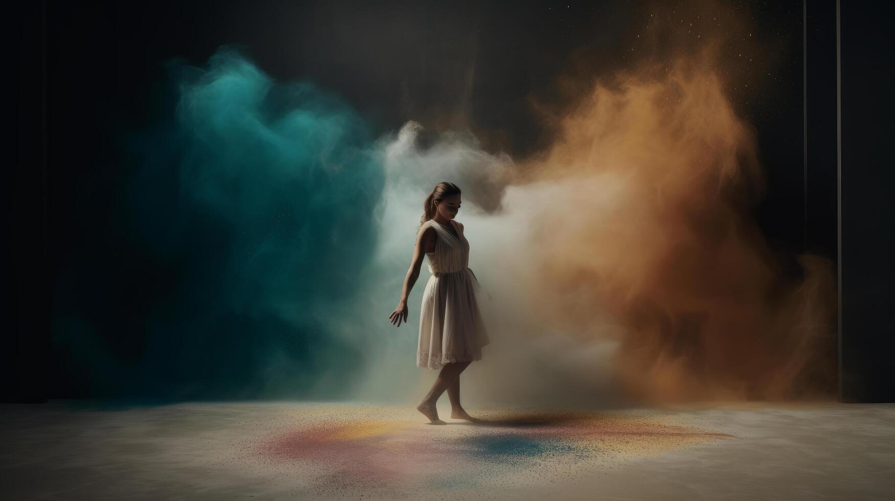 ballet danser in een kleur poeder wolk generatief ai foto