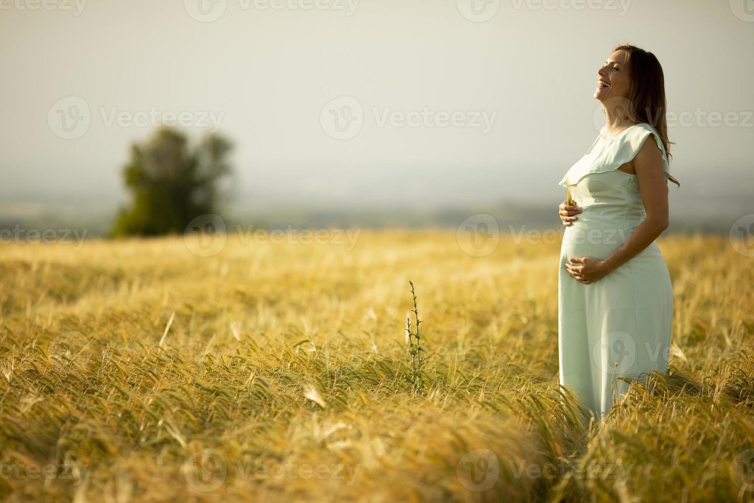 zwangere vrouw in een jurk in een veld foto