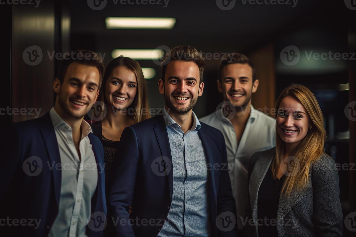 een groep van bedrijf mensen glimlachen in de kantoor met generatief ai foto