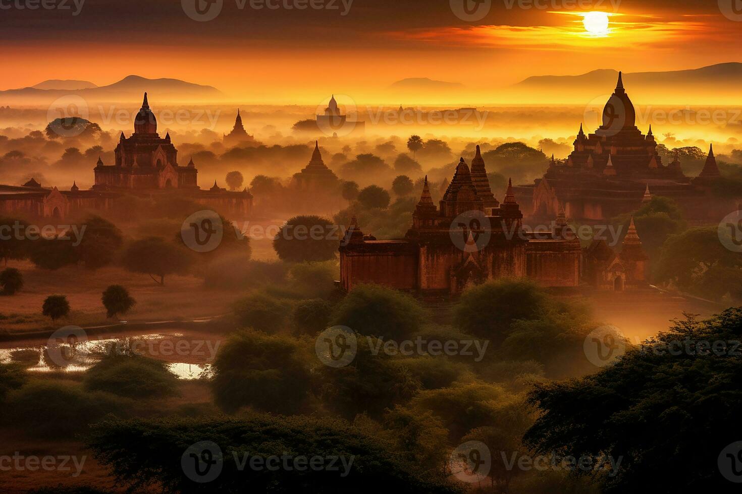 bagan Bij zonsondergang Myanmar mooi landschap met ai generator foto