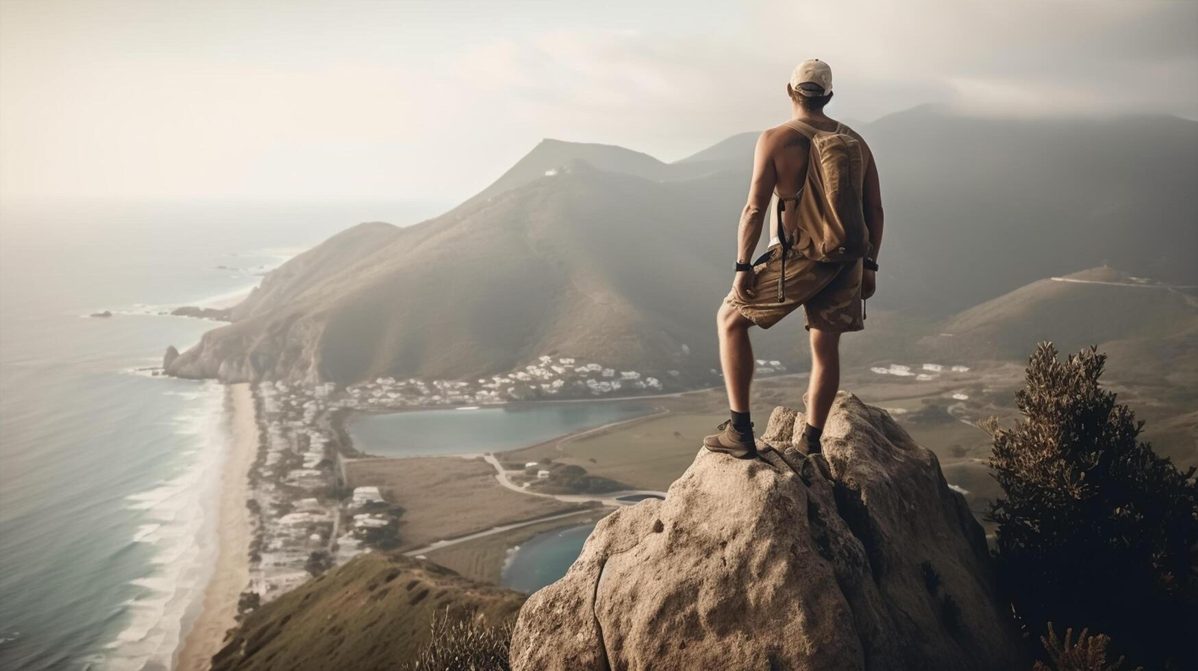 een Mens looks uit over- een berg en de oceaan. avontuur reis, zomer vakantie.generatief ai foto