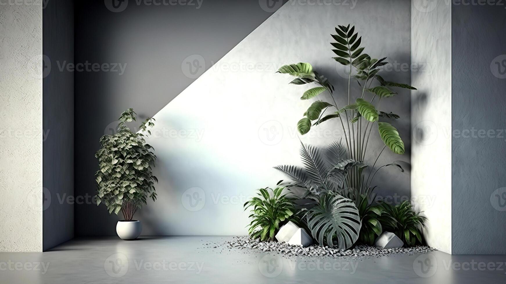 3d realistisch vector kamer interieur met ingemaakt planten Aan de vloer. ai generatief. foto