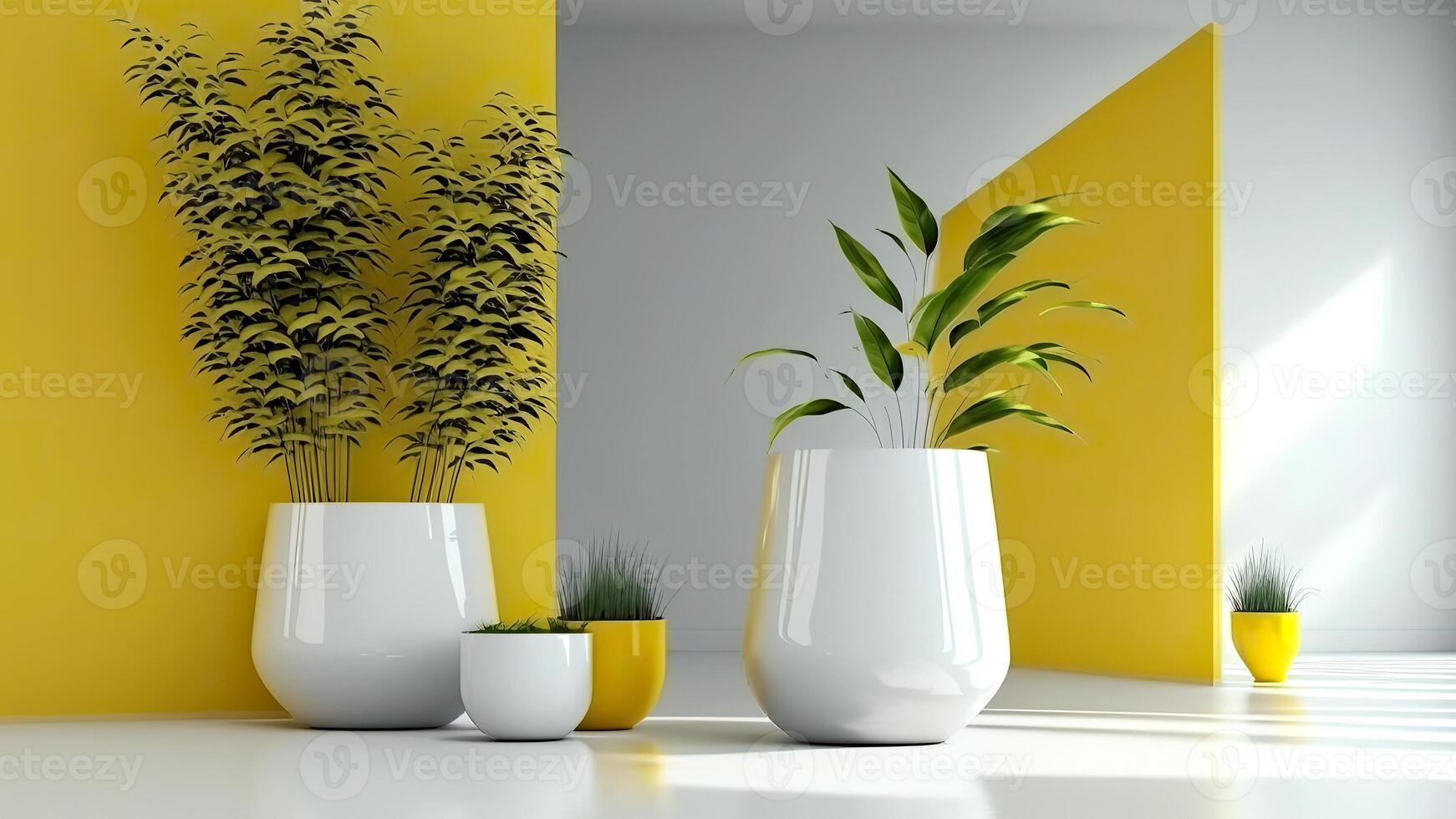 3d realistisch vector kamer interieur met ingemaakt planten Aan de vloer. pastel blauw en wit muren. ai generatief. foto