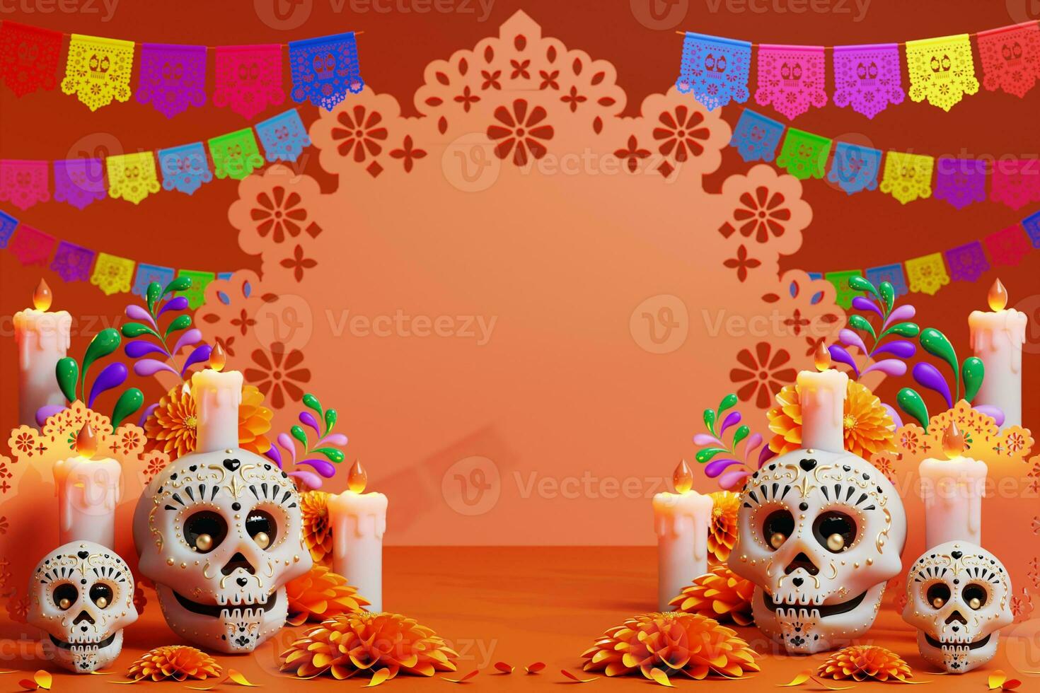 3d renderen voor dag van de dood, dia de Muertos altaar concept. samenstelling van schattig suiker schedels, wit kaarsen, goudsbloem bloemen, pan de muerto, cactus, gitaar van de dood. 3d illustratie foto