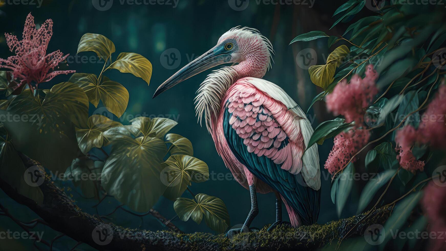 flamingo prachtig gevangen genomen in een kleurrijk, bloemen gevuld portret, generatief ai. foto