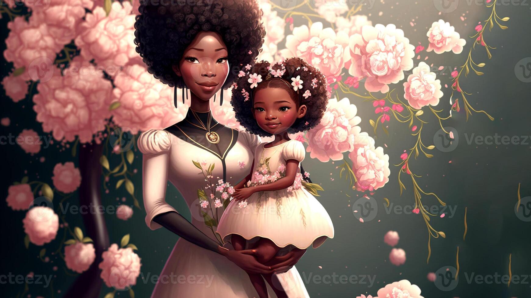 een intiem realistisch illustratie tonen een zwanger Afrikaanse vrouw en omringd door mooi bloemen, natuur, aanbieden een emotie van vrede en verbinding. generatief ai foto