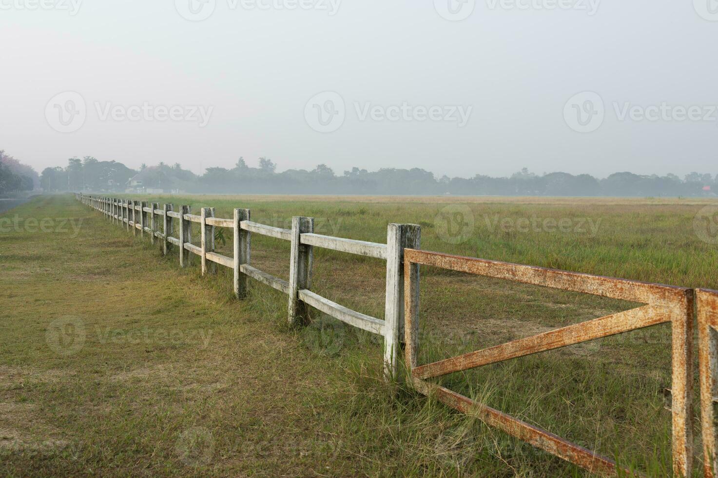 paard boerderij met oud houten hek Aan droog weiland van natuurlijk landschap foto