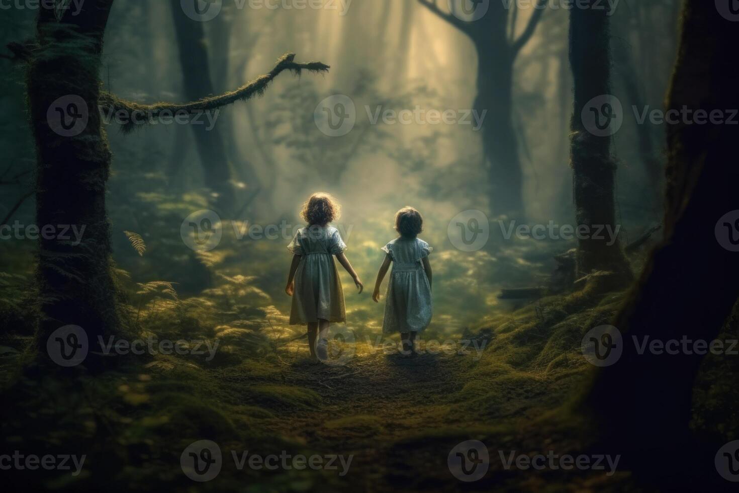 ai gegenereerd twee kinderen gevoel de magisch atmosfeer net zo ze invoeren Woud achtergrond foto