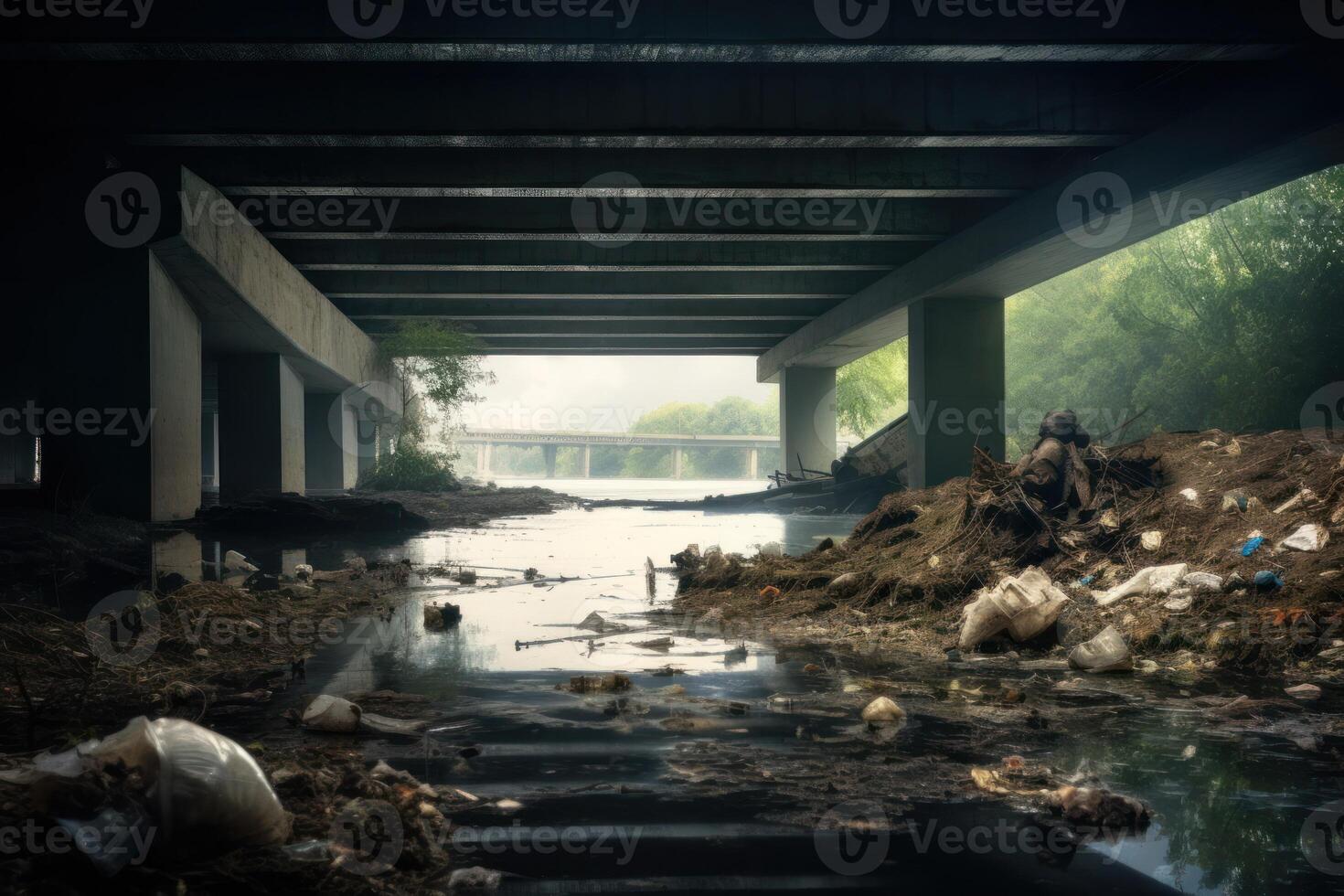 ai gegenereerd biologisch uitschot in de rivier- onder brug achtergrond foto