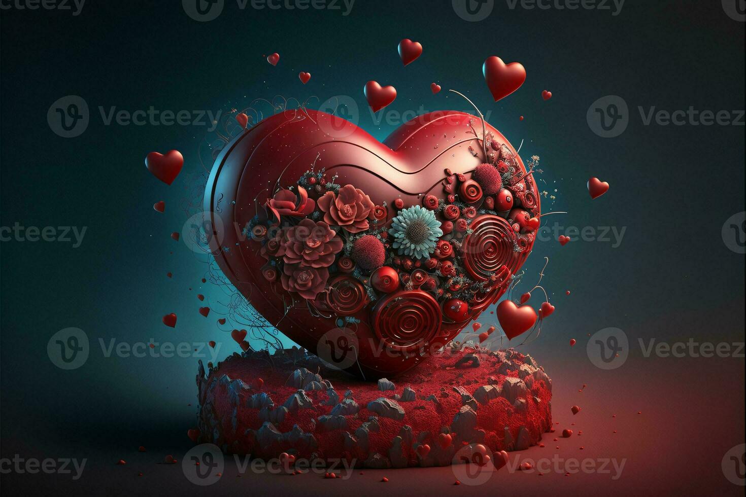 3d geven van rood hart vorm versierd met bloemen Aan podium. Valentijnsdag dag concept. foto