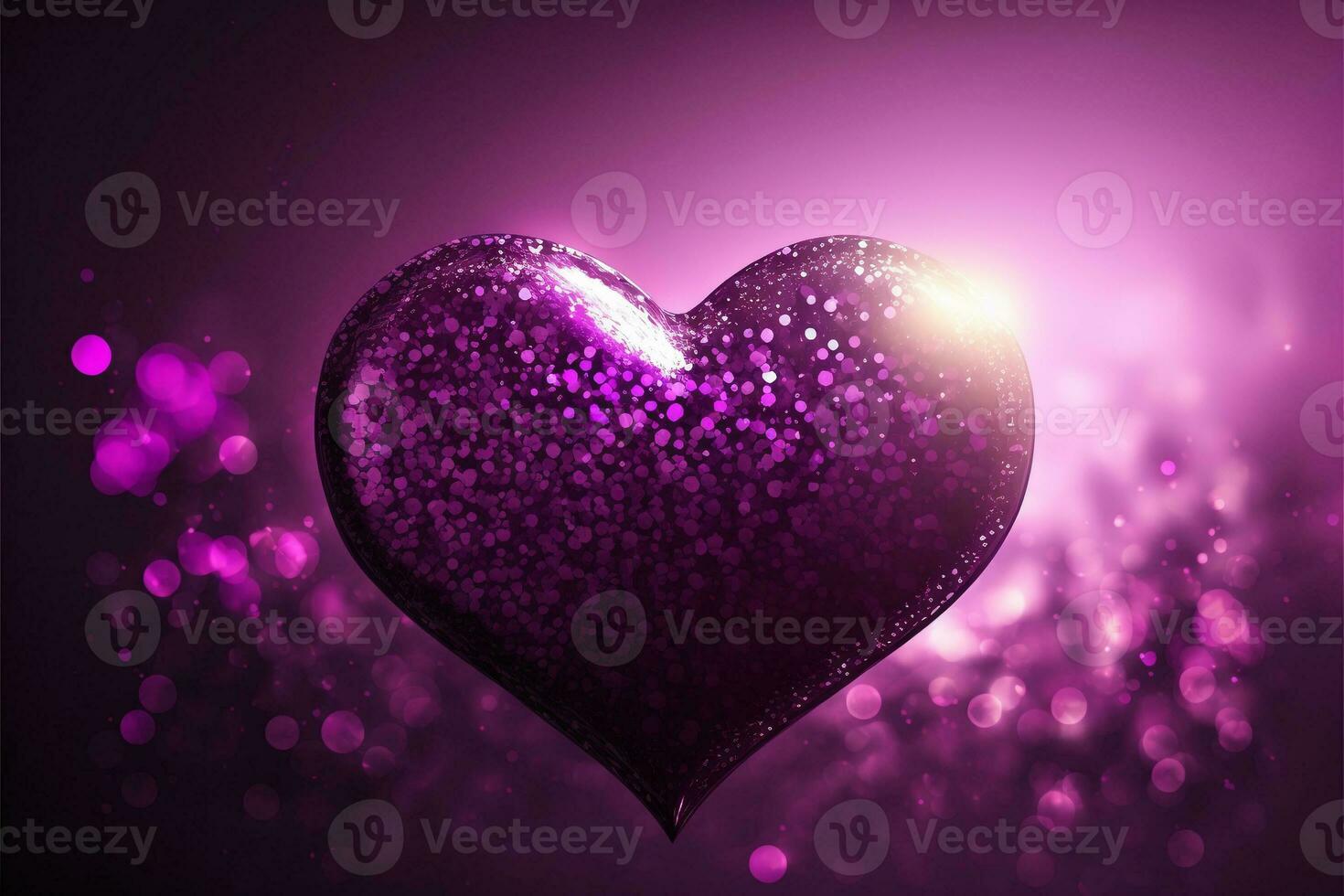 3d geven van glimmend Purper glitterachtig hart vorm Aan bokeh verlichting achtergrond. liefde concept. foto