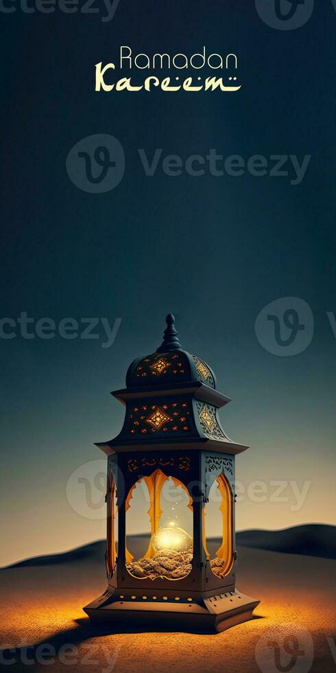 Ramadan kareem banier ontwerp met 3d veroorzaken, verlichte gouden voortreffelijk Arabisch lamp Aan zand duin. foto