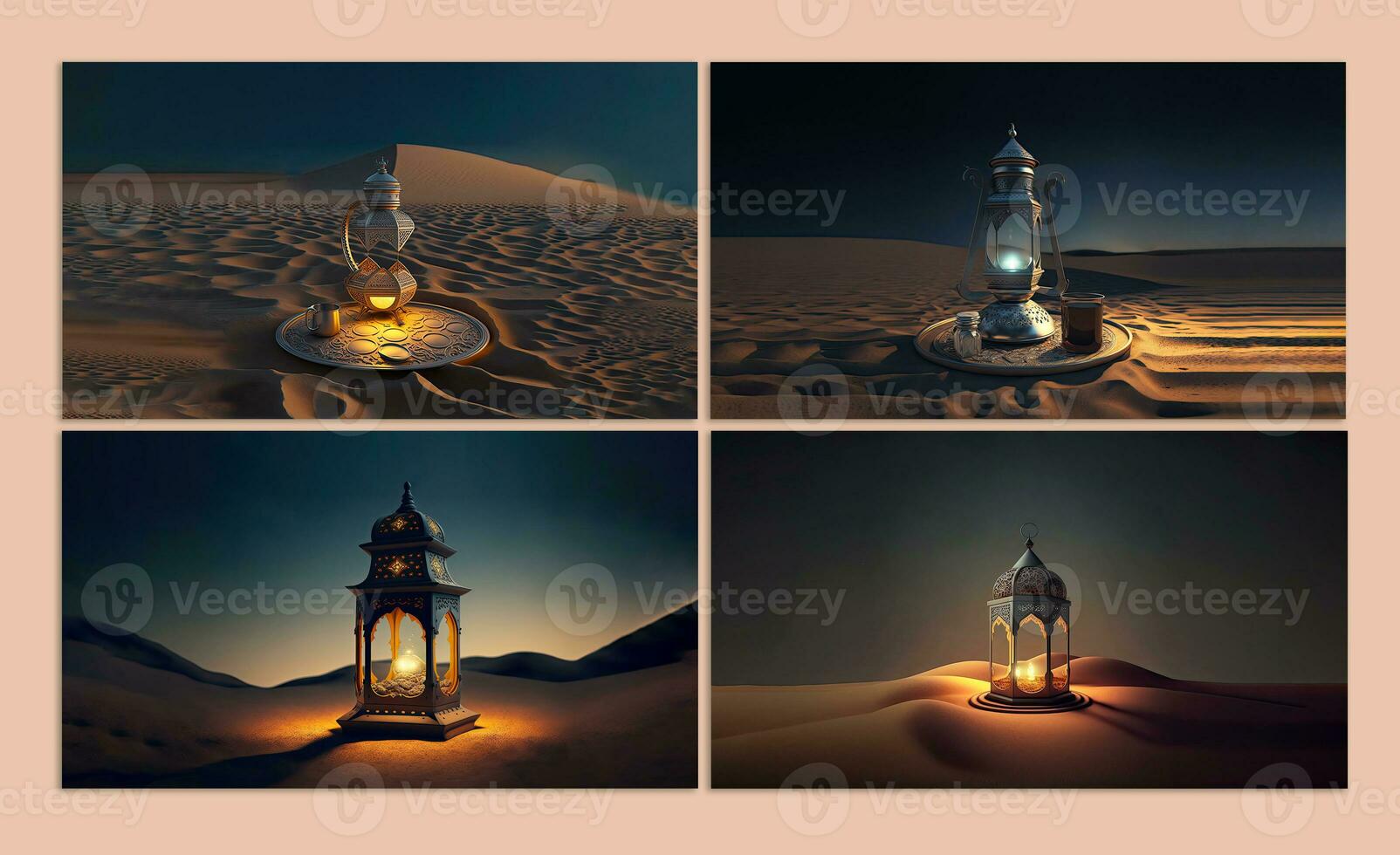 verzameling van voortreffelijk halve maan maan met verlichte Arabisch lampen Aan zand duin. 3d veroorzaken. foto