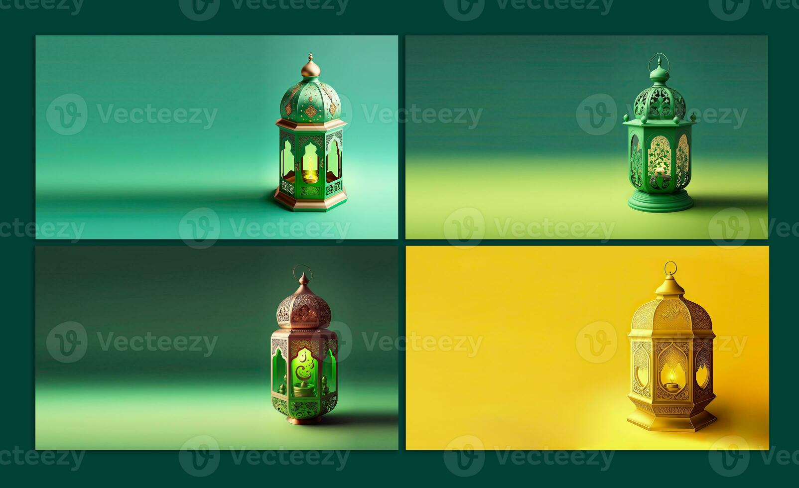 3d veroorzaken, verzameling van verlichte Arabisch lampen tegen achtergrond. Islamitisch festival concept. foto