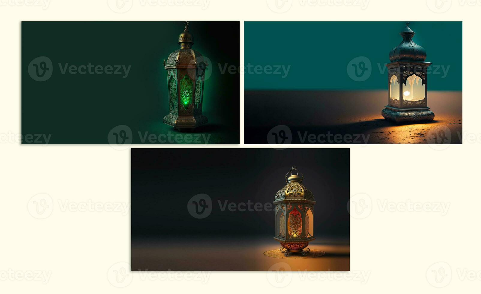 3d geven verzameling van verlichte Arabisch lampen tegen achtergrond. Islamitisch festival concept. foto