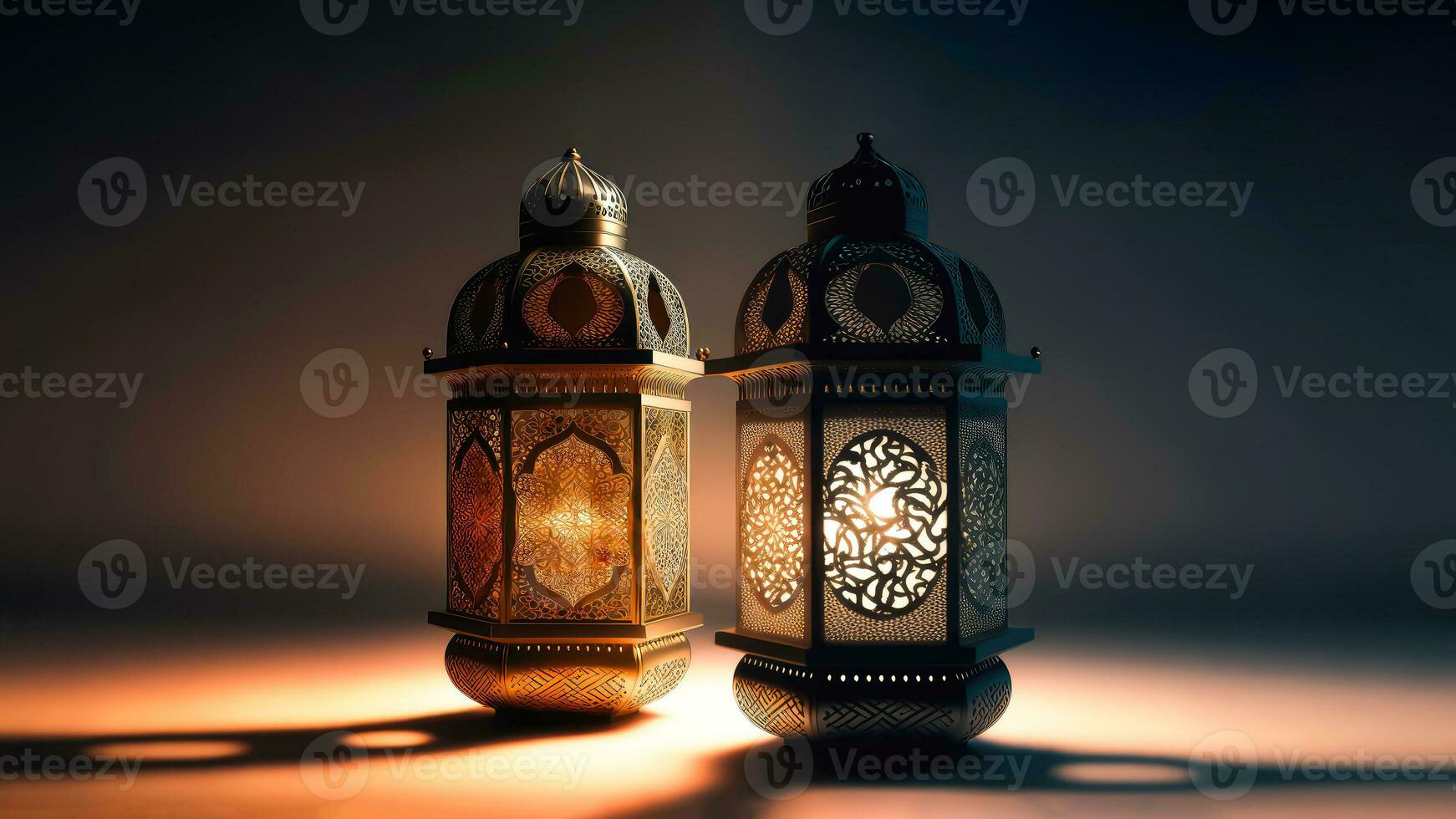 3d geven van realistisch verlichte Arabisch lantaarns Aan donker achtergrond. Islamitisch religieus concept. foto