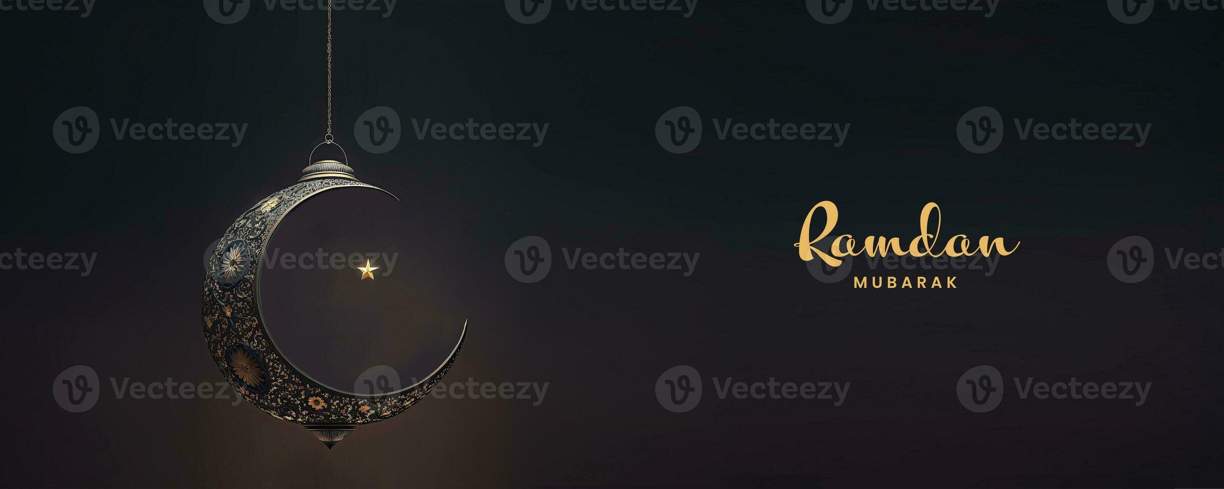 Ramadan mubarak banier ontwerp met 3d geven van hangende voortreffelijk halve maan maan en ster Aan zwart achtergrond. foto