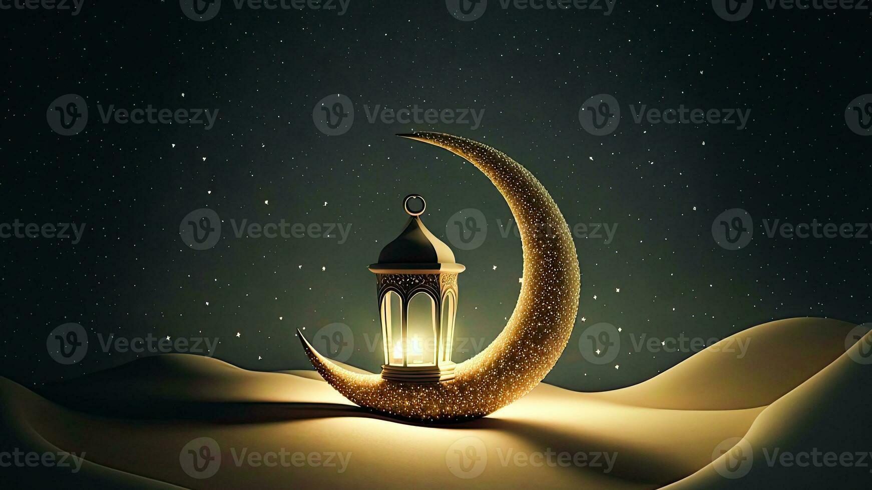 3d geven van gouden halve maan maan met verlichte Arabisch lantaarn Aan zand duin. Islamitisch religieus concept. foto