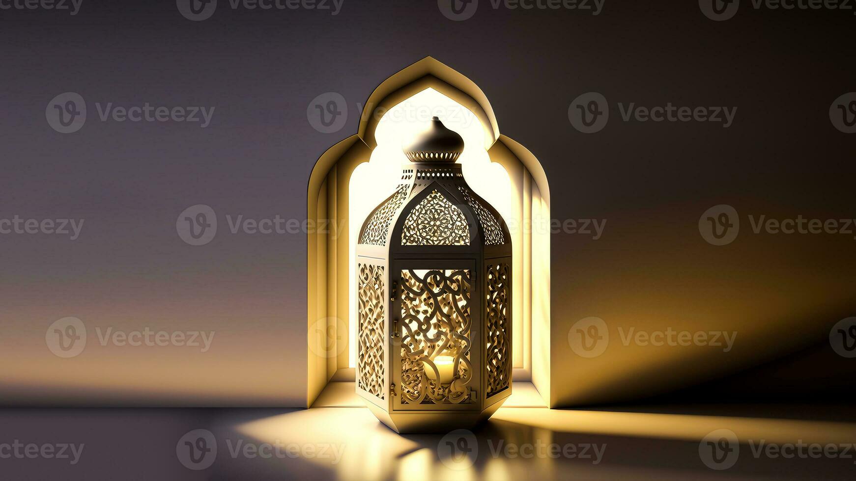 realistisch verlichte Arabisch lantaarn Aan Islamitisch venster achtergrond. Islamitisch religieus concept. 3d veroorzaken. foto