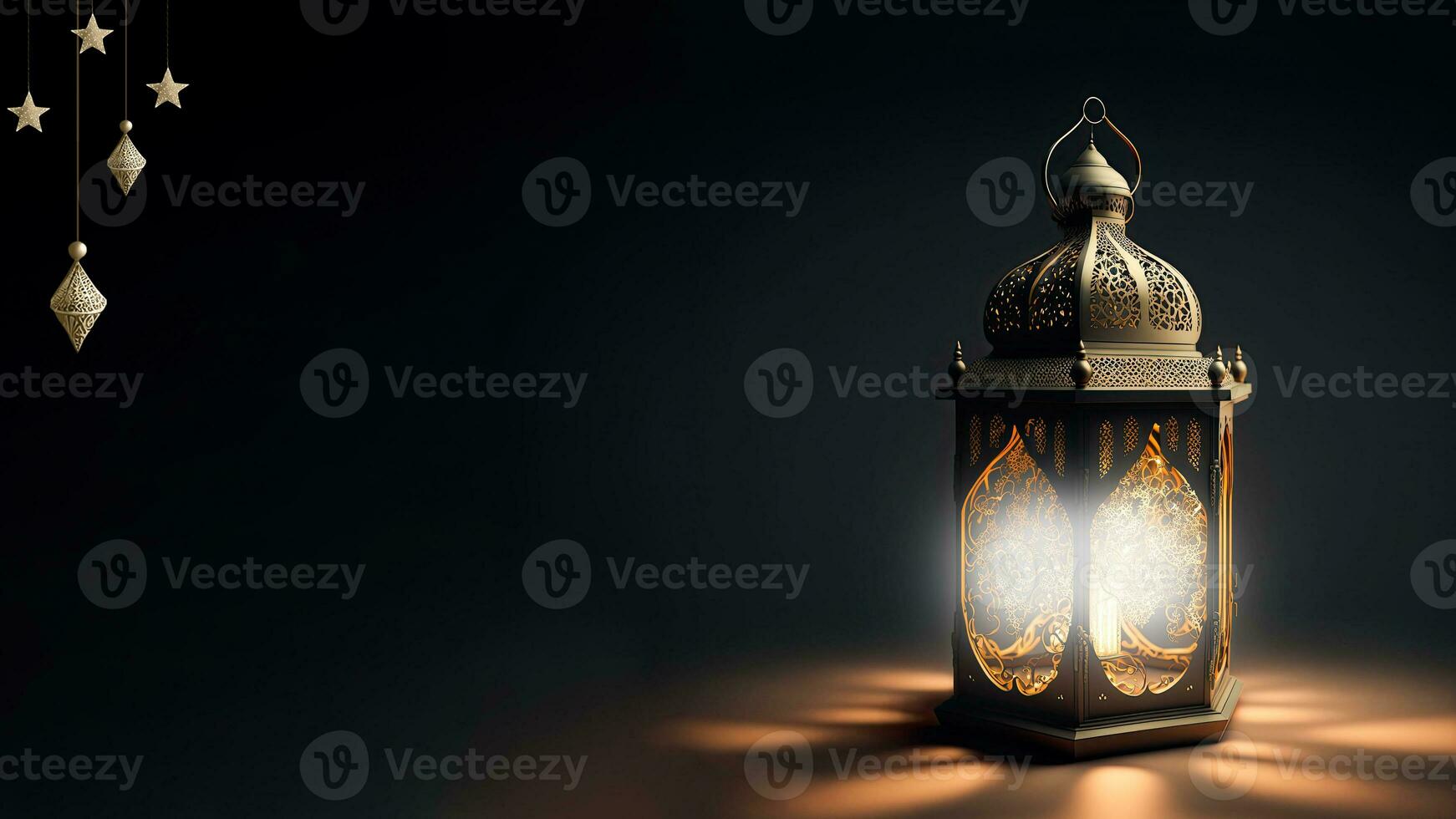 3d geven van verlichte gouden Arabisch lantaarns Aan donker achtergrond. Islamitisch religieus concept. foto