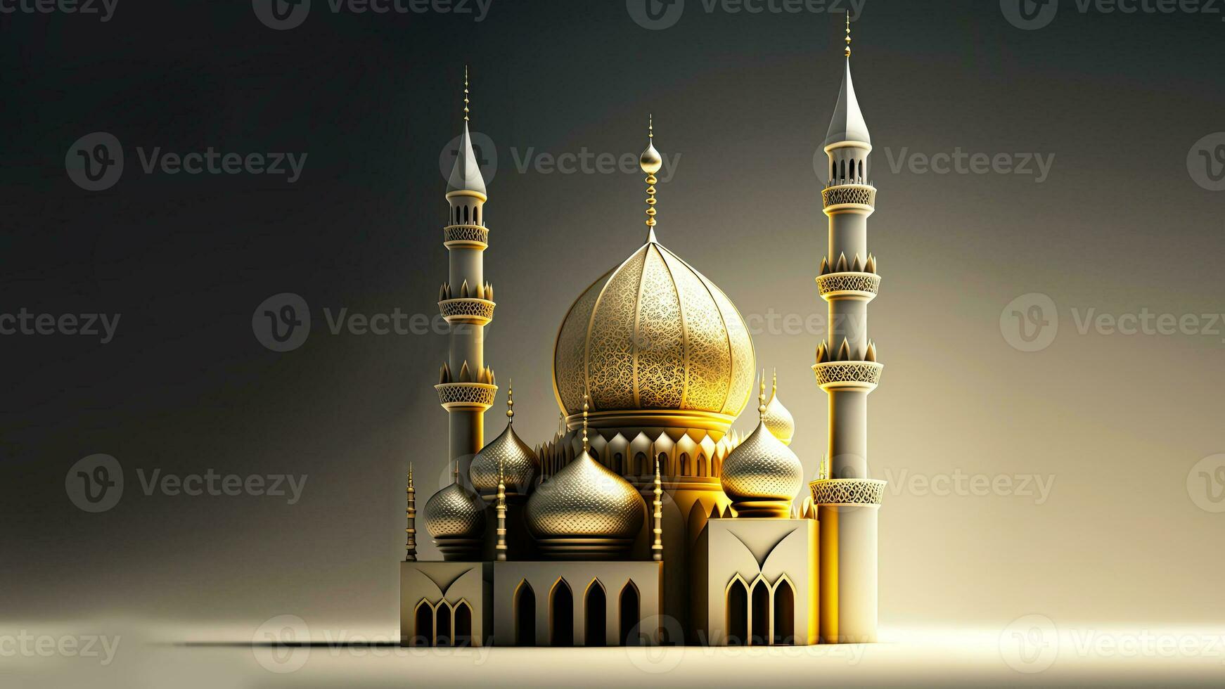 3d illustratie van gouden voortreffelijk moskee Aan gloeiend achtergrond. Islamitisch religieus concept. foto