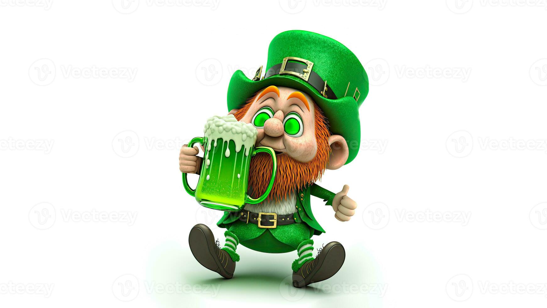 3d geven van elf van Ierse folklore Mens karakter drinken bier in zittend houding en kopiëren ruimte. st. Patrick dag concept. foto