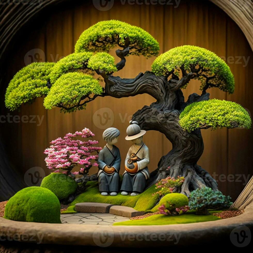 3d geven klei modellering van Japans paar zittend in bonsai tuin. foto